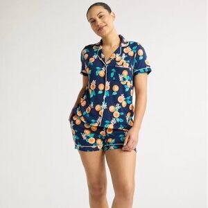 Joyspun Women's Soft Notch Collar Navy Water Orange Top & Shorts 2-Piece Set L !
